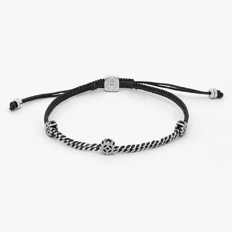 modern bangles for women -Signature Gear bracelet in black macramé with sterling silver