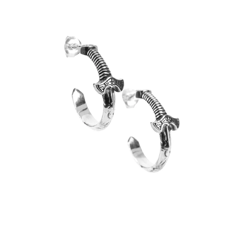 affordable earrings for women -Silver or Silver and Bronze Viking Sword Hoop Earrings