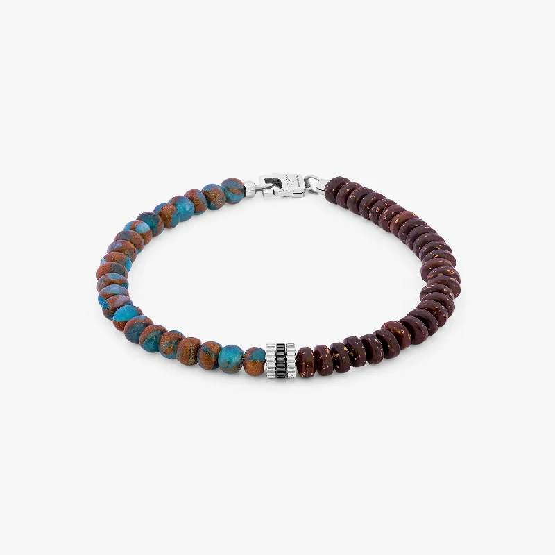 trendy bangles for women -Nepal Gear Trio Beaded Bracelet In Rhodium Plated Silver With Blue Jasper & Coconut Wood 