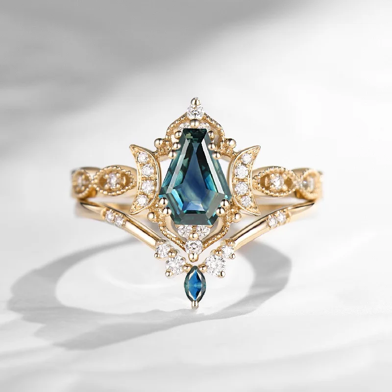 radiant engagement rings -Crescent Moon | Unique Coffin Cut Lab Teal Sapphire Engagement Ring Set 2pcs - Luna