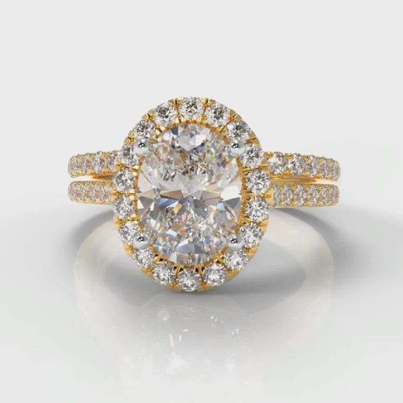 gold engagement rings for women -Petite Micropavé Oval Diamond Halo Bridal Set - Yellow Gold