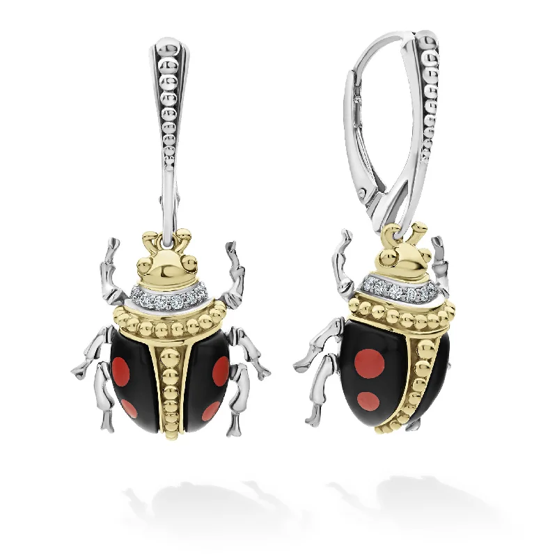 classic pearl earrings for women -Rare Wonders Onyx Beetle Diamond Drop Earrings