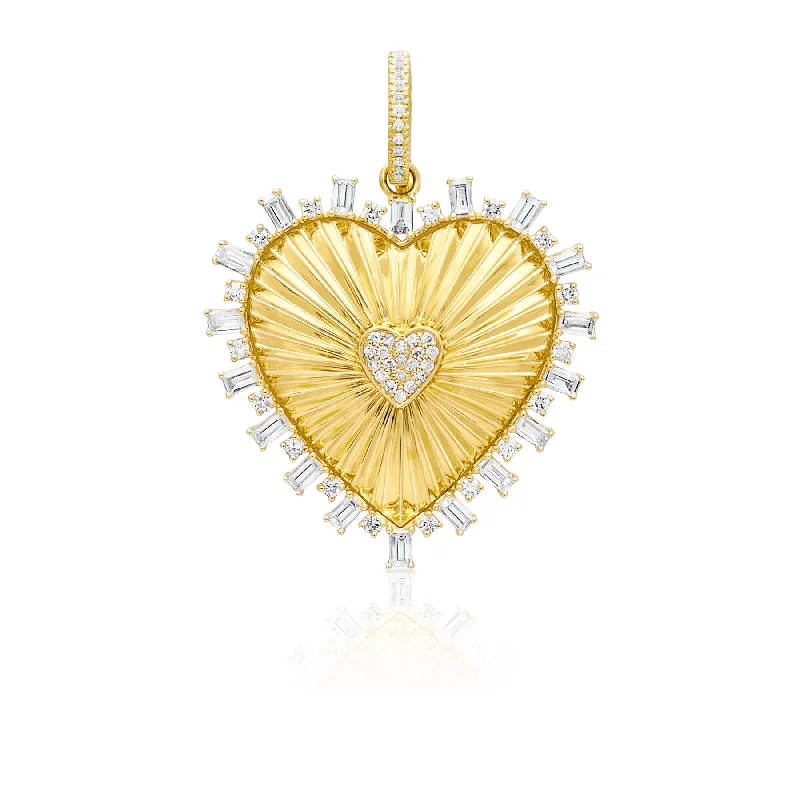 classic necklaces for women -14KT Yellow Gold Baguette Diamond Heart of Gold Charm Pendant with Diamond Clip on Bail