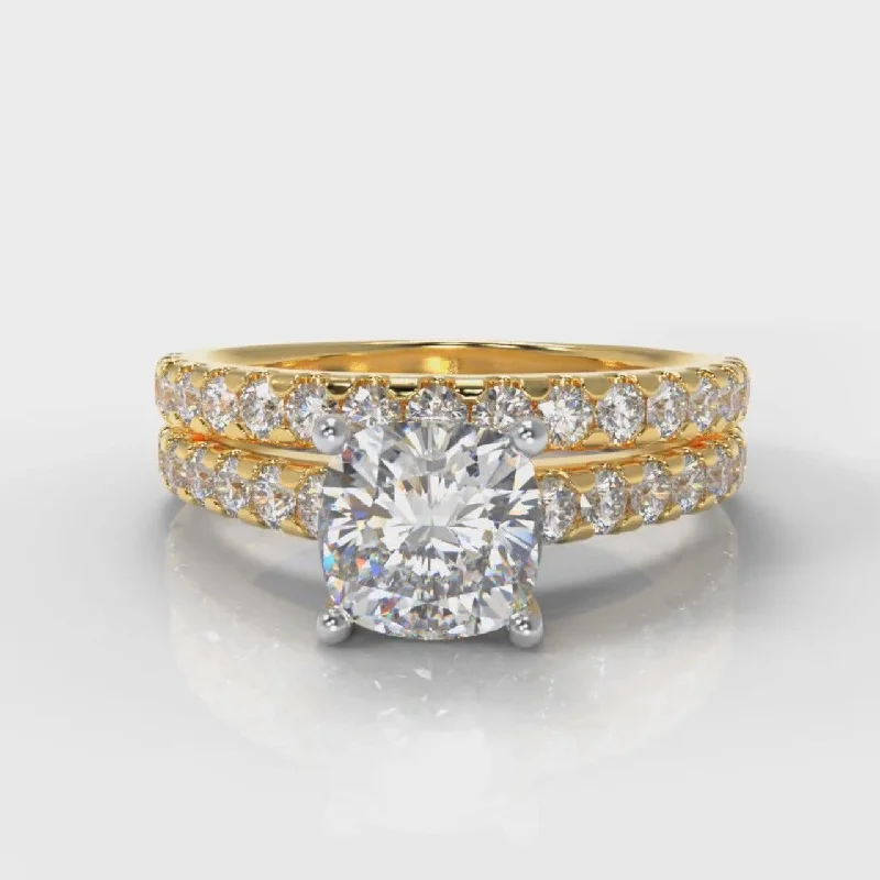 beautiful cocktail rings for women -Carrée Micropavé Cushion Cut Diamond Bridal Set - Yellow Gold