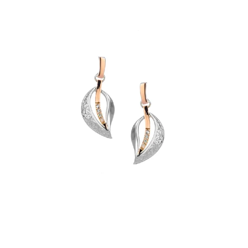 hoop earrings for women -Silver and 10k Rose Gold Trinity Leaf Post Earrings - White Sapphire