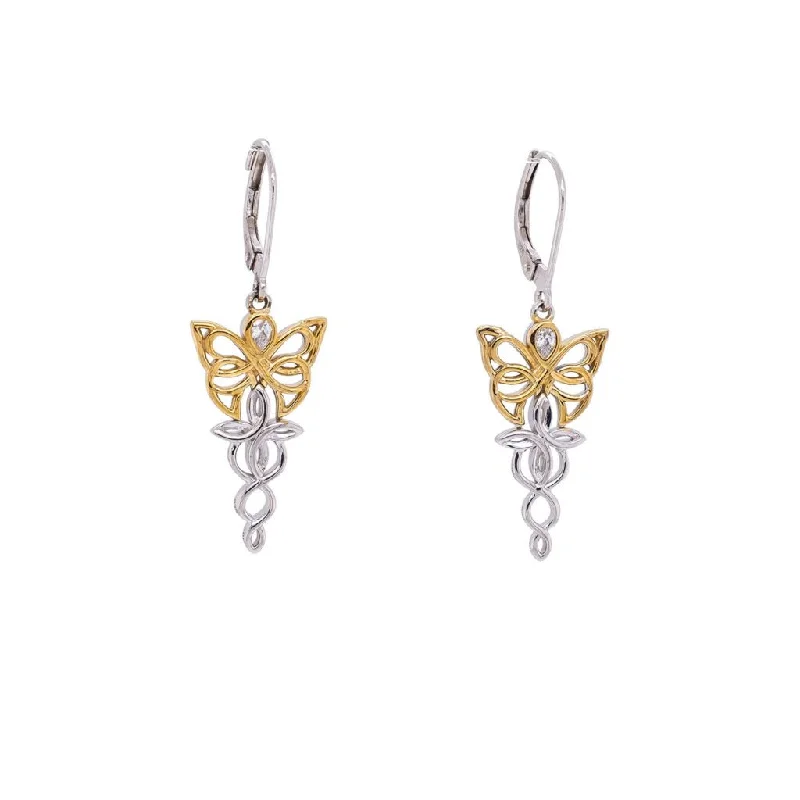 matching earrings for women -Silver and 10k Yellow or Rose Gold Butterfly Earrings - Cubic Zirconia