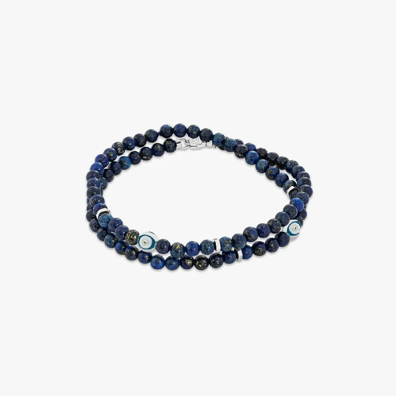 women’s woven bracelets -Evil Eye Beaded Bracelet In Rhodium Plated Silver with Lapis Lazuli