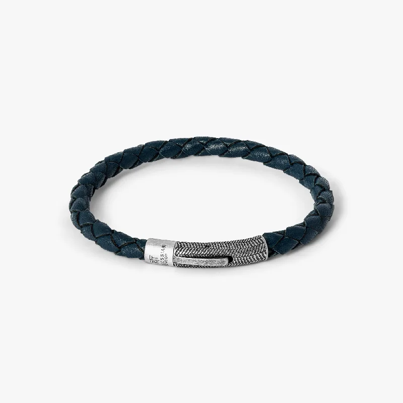 engraved bangles for women -Herringbone Leather Bracelet In Navy With Stainless Steel