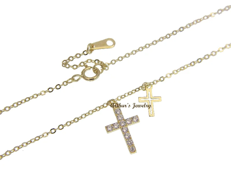 lucky charm necklaces for women -STERLING SILVER 925 YELLOW GOLD PLATED CZ CROSS NECKLACE CHAIN INCLUDED 16"+1"