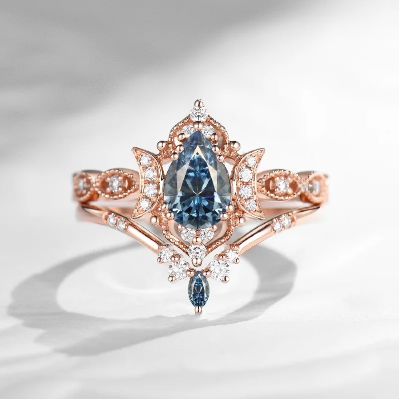 diamond engagement rings for women -Crescent Moon | Unique Pear Royal Blue Moissanite Engagement Ring - Luna