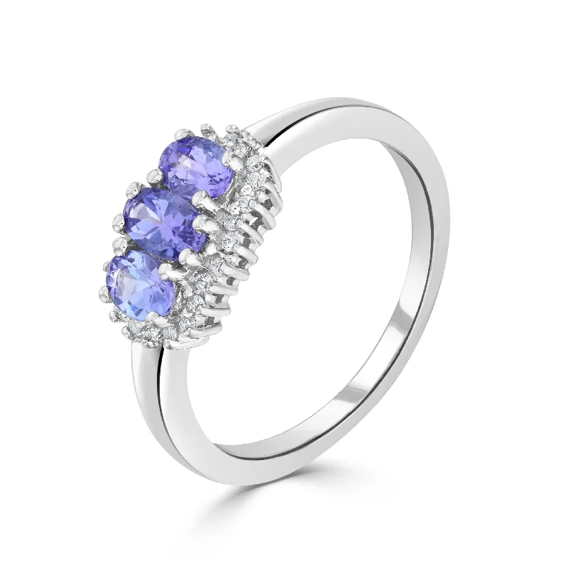 women’s halo rings -9K White Gold Oval Tanzanite Trilogy Cluster Ring