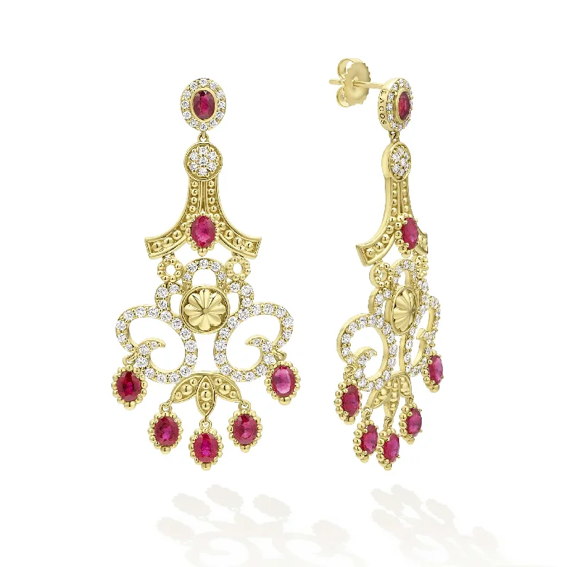 gold stud earrings for women -Studio 18K Gold Ruby and Diamond Chandelier Earrings