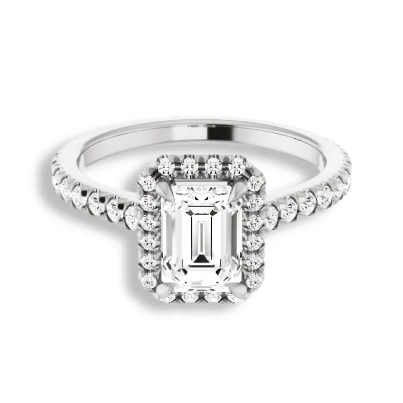 stackable engagement rings -Emerald Cut Diamond Halo Engagement Ring