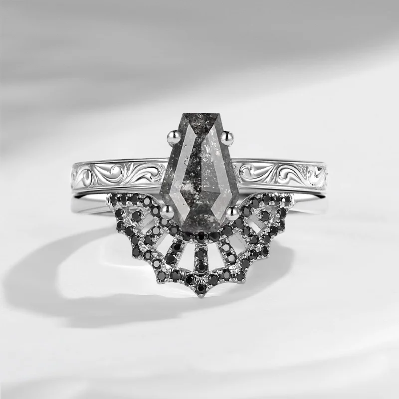 vintage style engagement rings -Vintage Filigree Coffin Spider Web Salt And Pepper Diamond Engagement Ring Set 2pcs