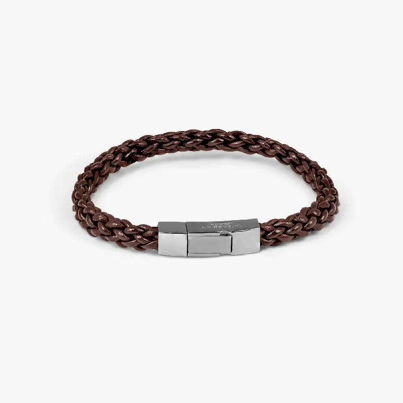 pearl bracelets for women -Click Trenza Bracelet In Black Rhodium Plated Silverwith Brown Italian Leather