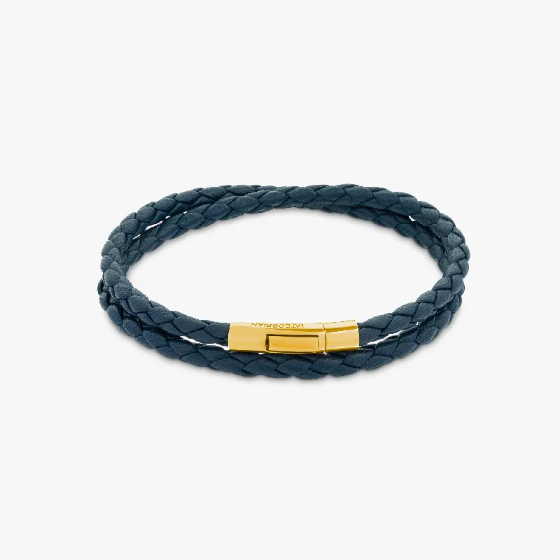 trendy bangles for women -Tubo Taito double wrap bracelet in navy leather with 18k yellow gold