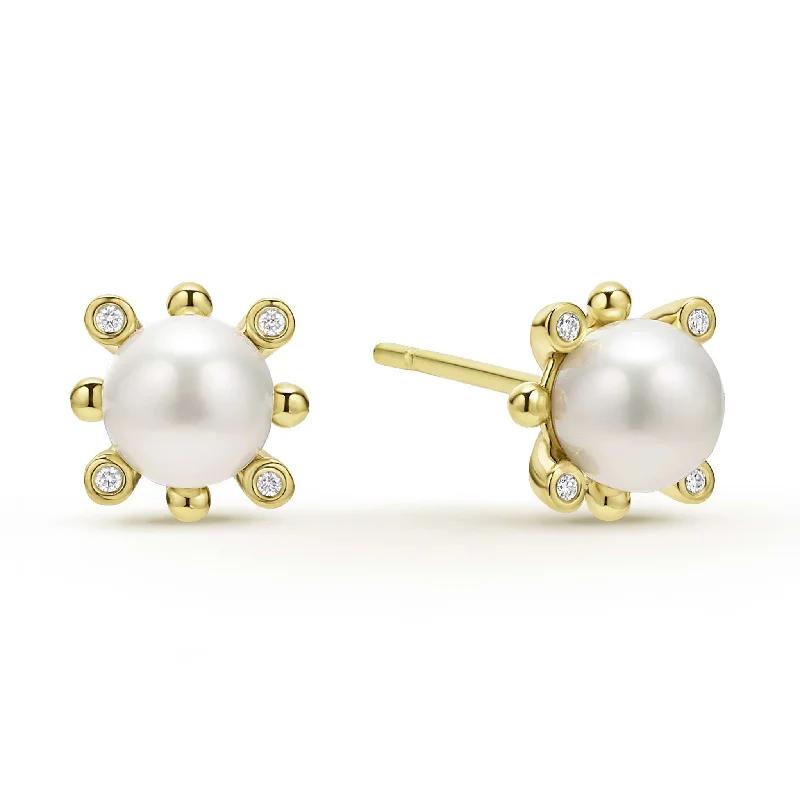 custom-made earrings for women -Luna 18K Gold Fleur Pearl Diamond Stud Earrings