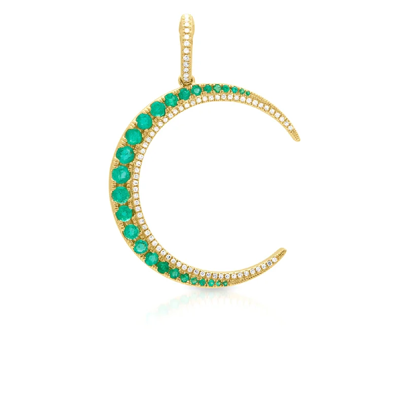 unique charm necklaces for women -14KT Yellow Gold Emerald Diamond Lunar Charm Pendant with Diamond Clip on Bail