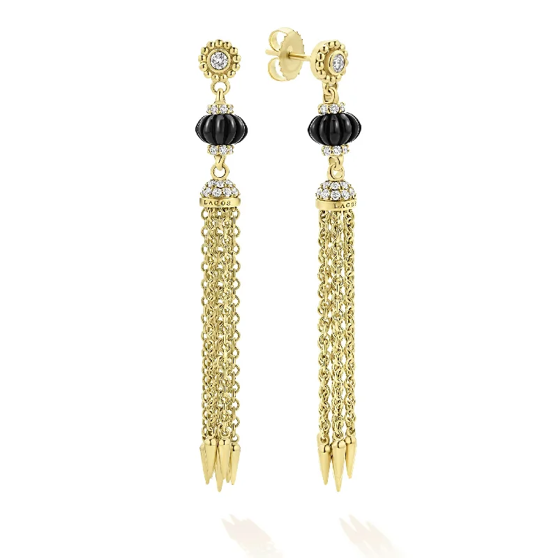 personalized earrings for women -Studio 18K Gold Tassel Earrings with Black Onyx and Diamonds