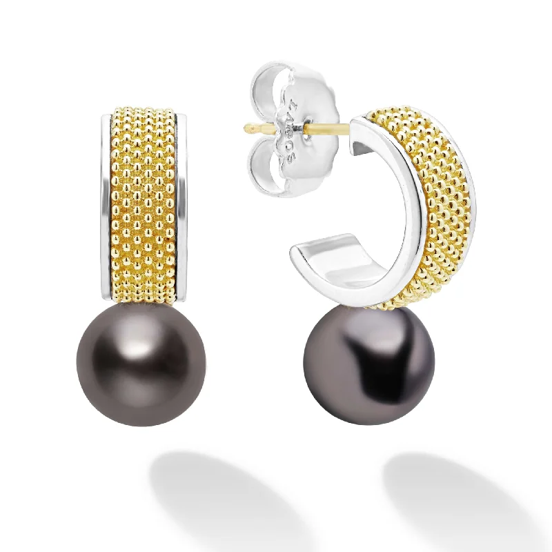 fashion-forward earrings for women -Luna Two-Tone Tahitian Black Pearl Hoop Earrings