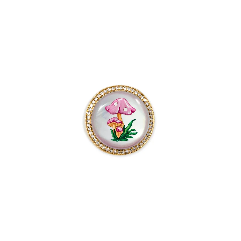 gemstone engagement rings -PAVE HAND PAINTED PINK MUSHROOM ON MOTHER OF PEARL SIGNET RING