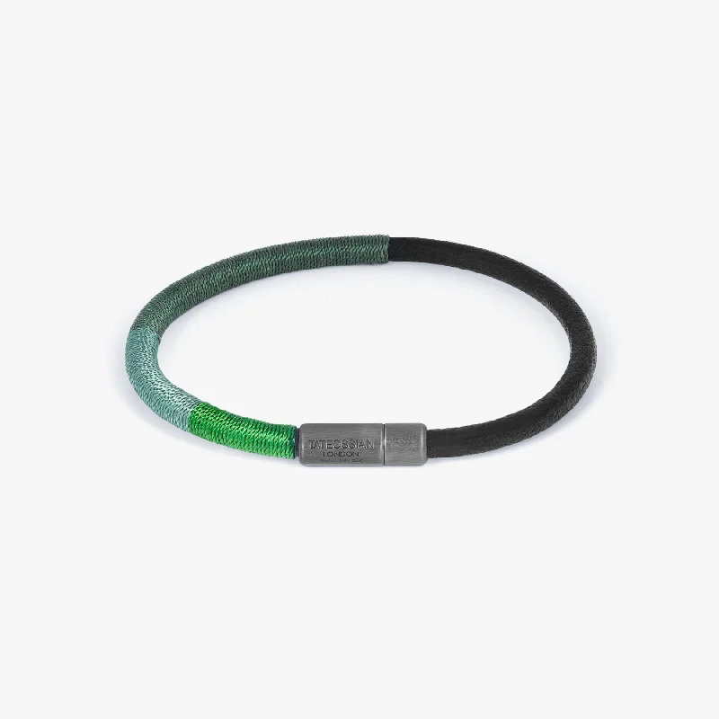 statement bangles for women -Rainbow Pop bracelet in black leather and green thread wrap with black rhodium plated silver