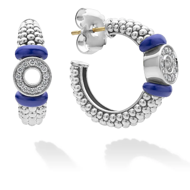 vintage-inspired earrings for women -Blue Caviar Ultramarine Ceramic and Diamond Circle Hoop Earrings