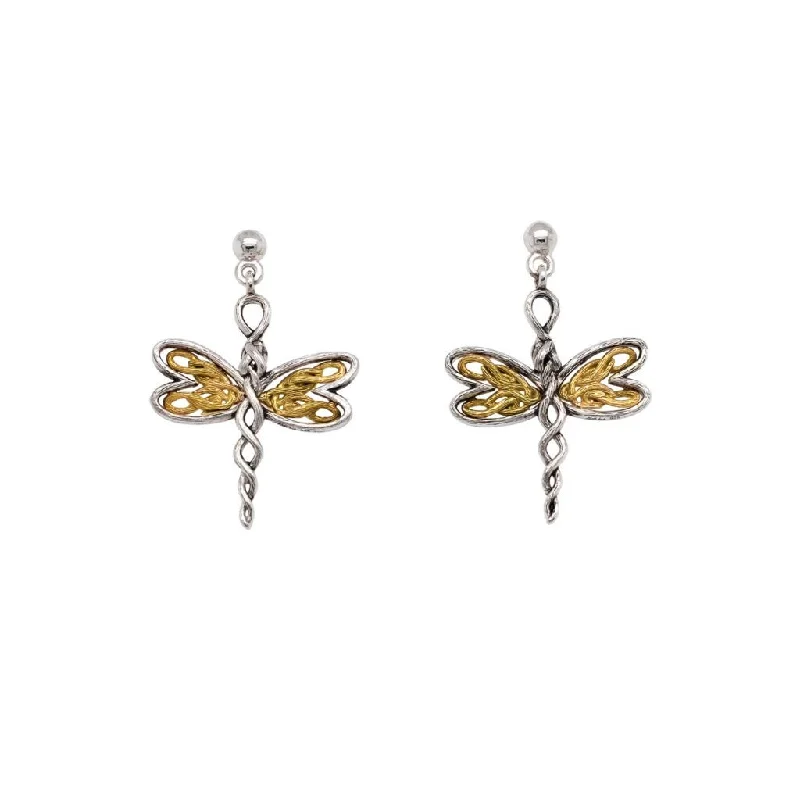 hoop earrings for women -Silver and 10k Yellow or Rose Gold Dragonfly Post Earrings