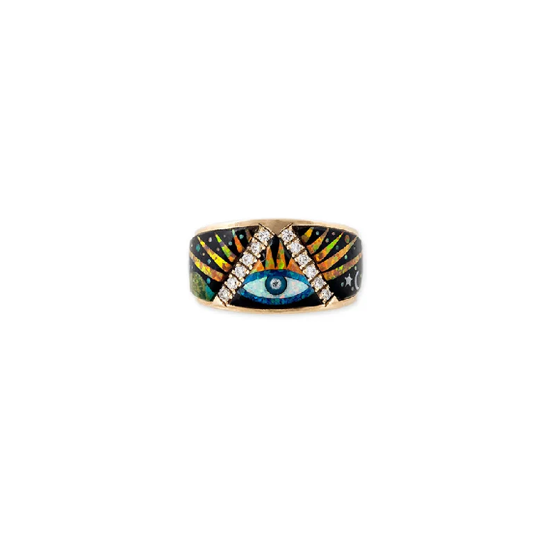 birthstone rings for women -PAVE EYE BURST GALAXY OPAL INLAY RING