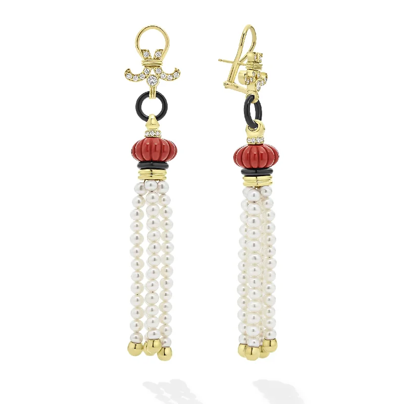 trendy stud earrings for women -Studio 18K Gold Red Jasper and Pearl Diamond Tassel Earrings