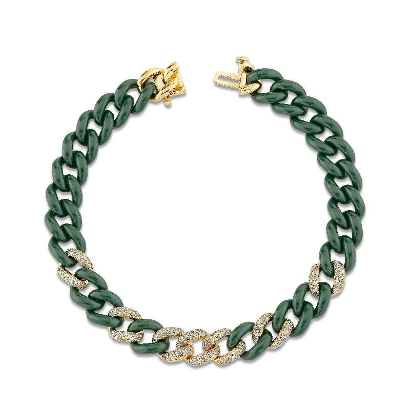 women’s designer bangles -DIAMOND 7 PAVE & GREEN CERAMIC MEDIUM LINK BRACELET