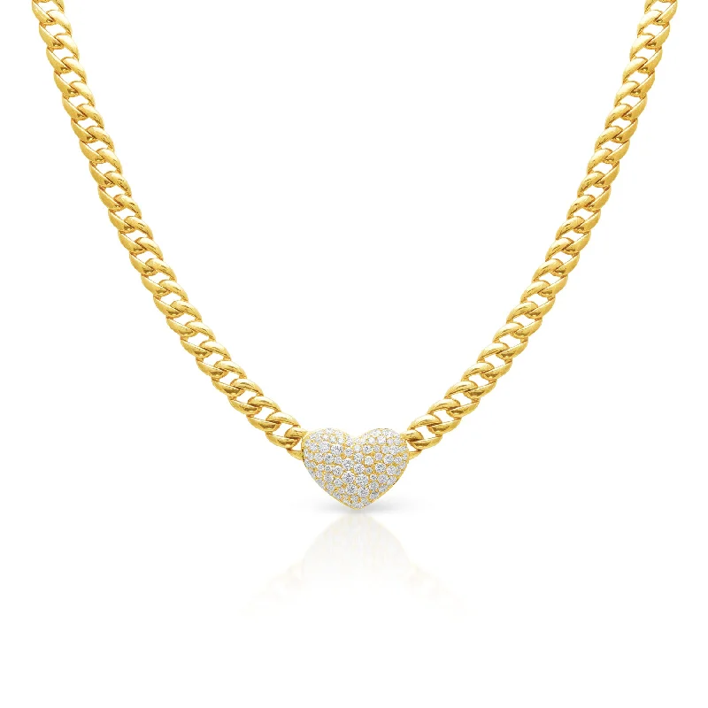 statement necklaces for women -14KT Yellow Gold Diamond Princess Heart Chain Link Necklace