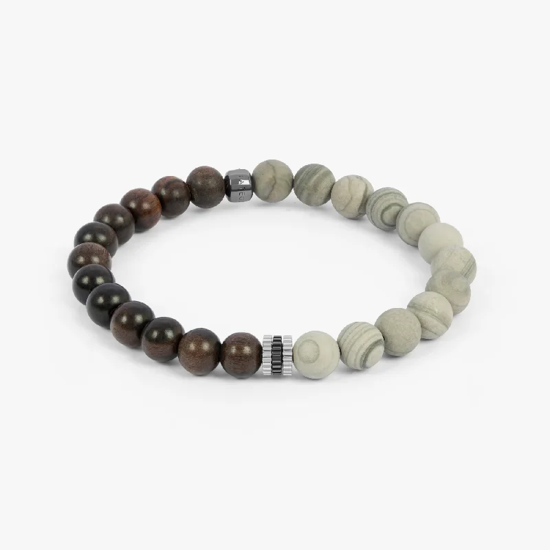 diamond bracelets for women -Gear Trio Beaded Bracelet In Rhodium Plated Silver With Ebony & Grey Wood Jasper