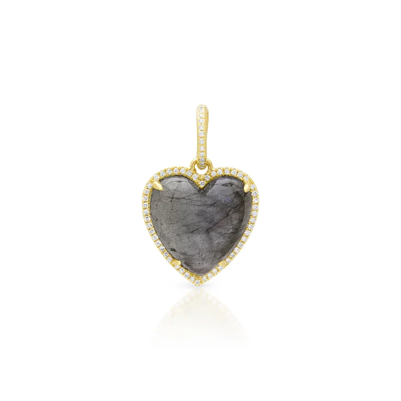 trendy choker necklaces for women -14KT Yellow Gold Labradorite Diamond Heart Charm Pendant with Diamond Clip on Bail