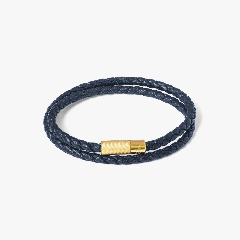 women’s custom bracelets -Pop Rigato Double Wrap Leather Bracelet In Navy With 18K Yellow Gold Plated