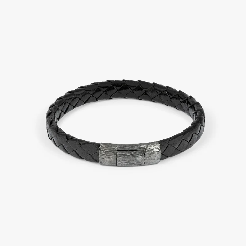 stunning gold bangles for women -Graffiato bracelet in Italian black leather with black rhodium plated sterling silver