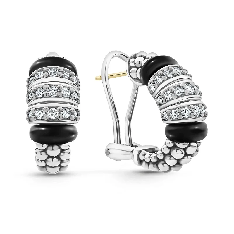 custom gold earrings for women -Black Caviar Three Station Ceramic Diamond Hoop Earrings