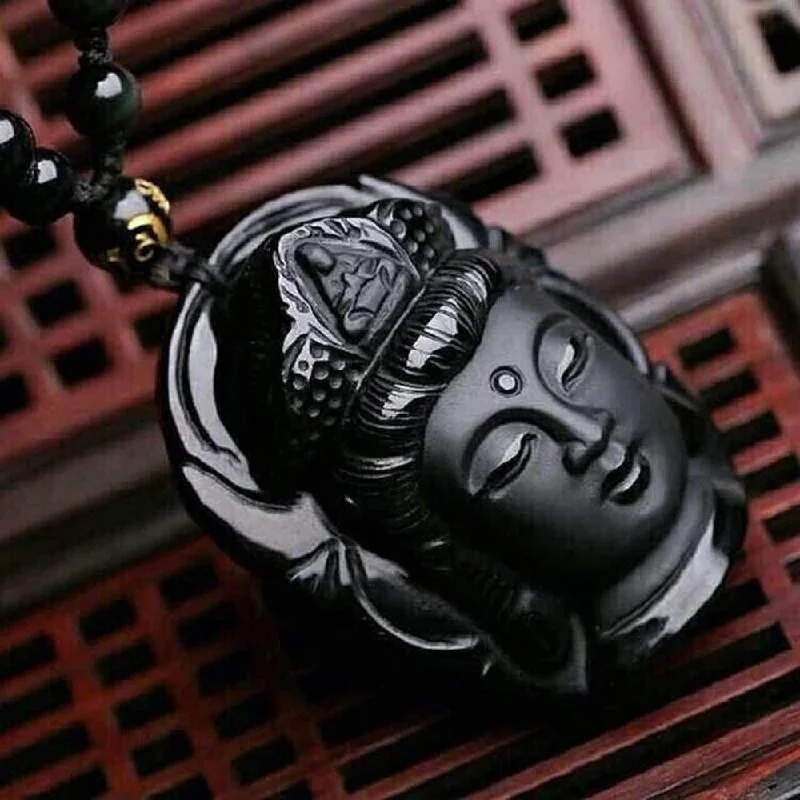 wedding day necklaces for women -Black Buddha Obsidian Stone Necklace