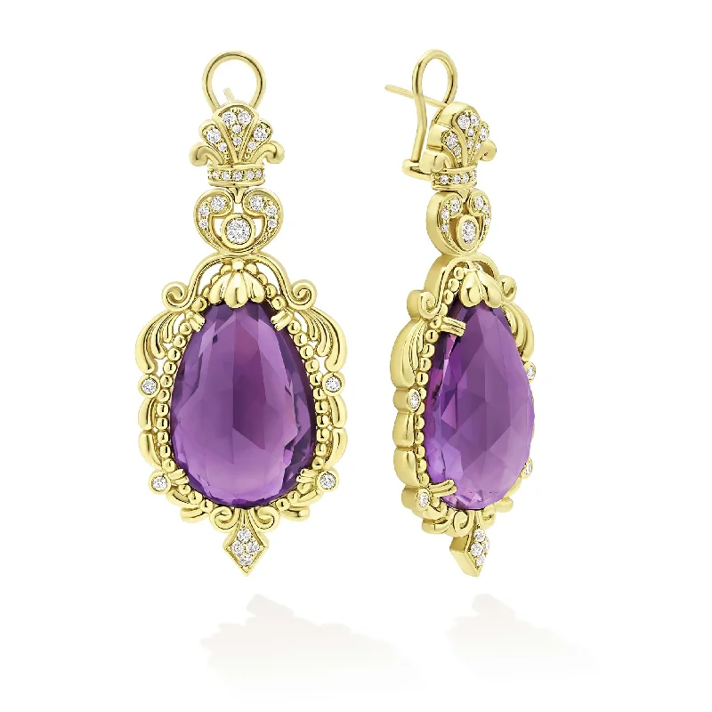 dainty earrings for women -Studio 18K Gold Amethyst and Diamond Baroque Omega Clip Earrings