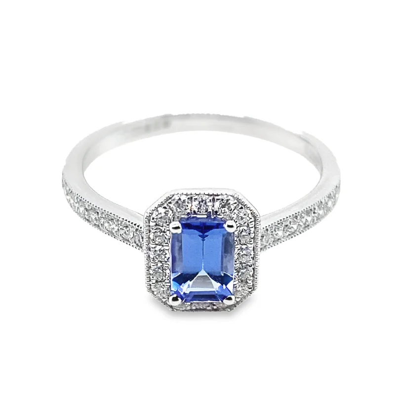 unique sapphire rings -9K White Gold Emerald Cut Tanzanite & Diamond Halo Ring