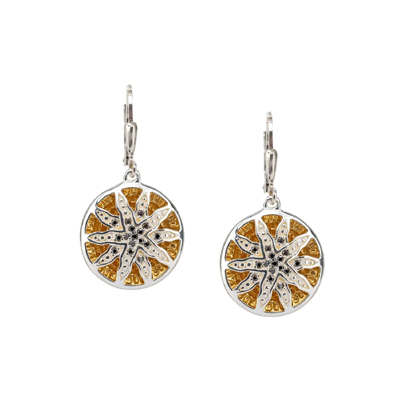 modern earrings for women -Silver with 14k Gold Gilding Celestial Leverback Earrings - Black Cubic Zirconia