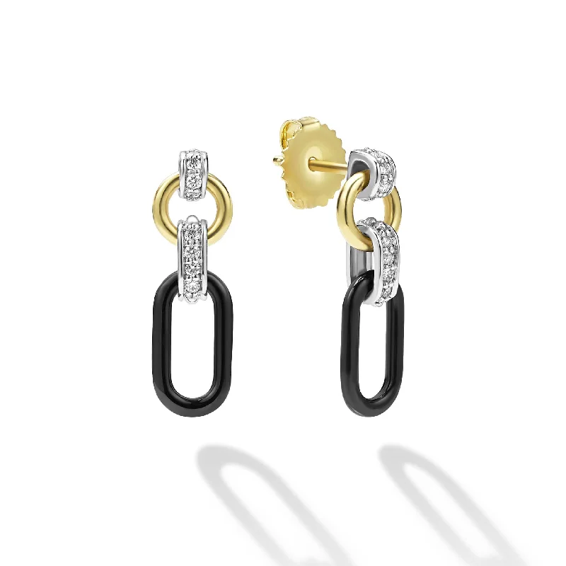 sophisticated diamond earrings -Signature Caviar Small 18K Gold and Black Ceramic Diamond Link Drop Earrings