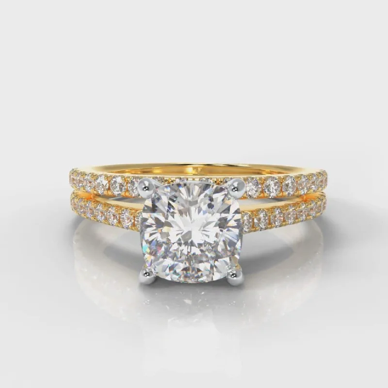 luxury rings for women -Petite Micropavé Cushion Cut Diamond Bridal Set - Yellow Gold