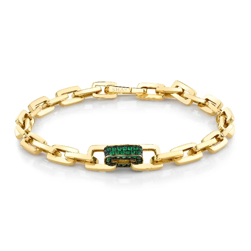 minimalist bangles for women -SINGLE PAVE GREEN GARNET SOLID GOLD MINI DECO LINK BRACELET