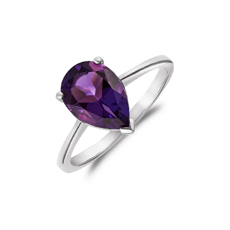 trendy statement rings for women -9K White Gold Pear Amethyst Solitaire Ring