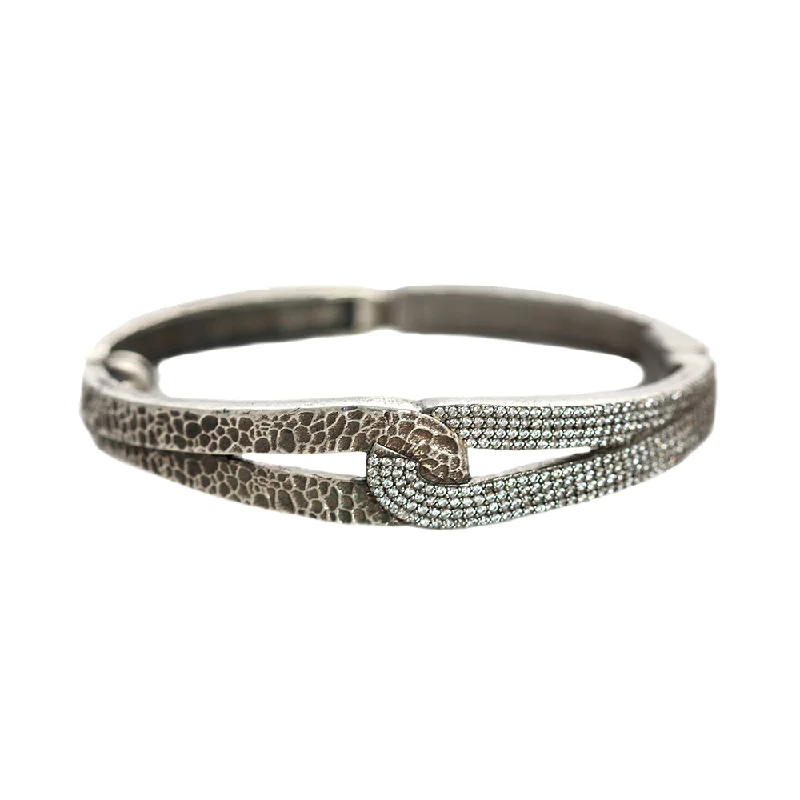 diamond bracelets for women -VINTAGE SILVER ROCKOVE CRYSTAL & HAMMERED LOOP BANGLE