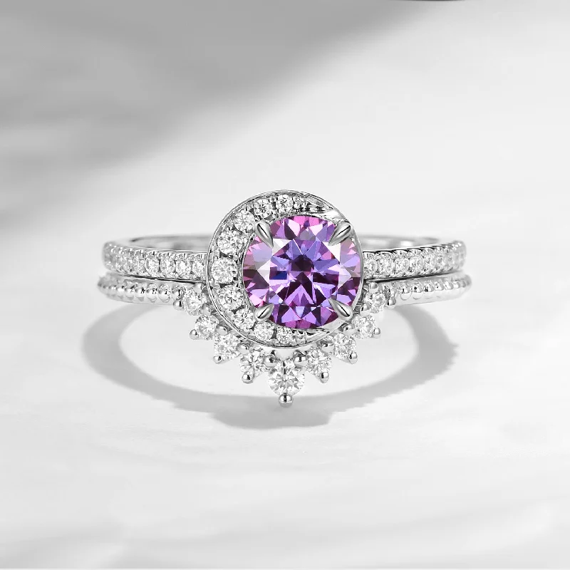 women’s engagement rings -Crescent Moon | Unique Purple Moissanite Engagement Ring Set 2pcs - Full Moon