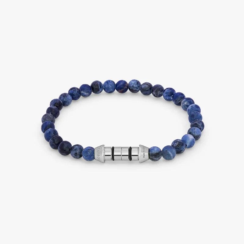 wedding bangles for women -Lucky Me Beaded Bracelet In Rhodium Plated Silver With Blue Sodalite