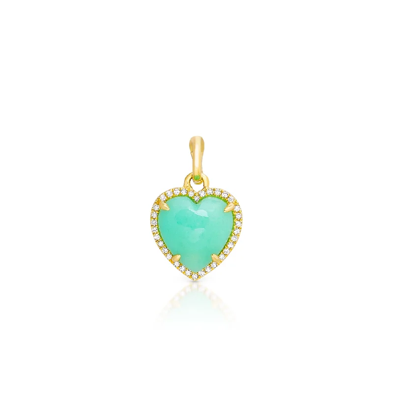 luxury necklaces for women -14KT Yellow Gold Chrysoprase Diamond Heart Charm Pendant with Clip on Bail