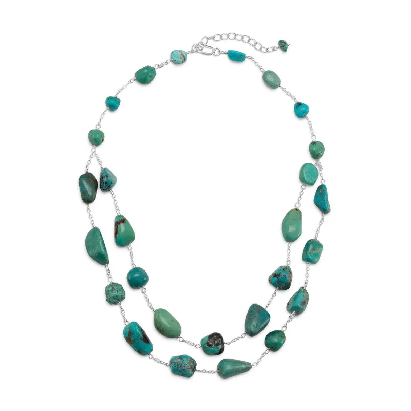 creative design necklaces for women -16" + 2" Extension Double Strand Reconstituted Turquoise Nugget Necklace